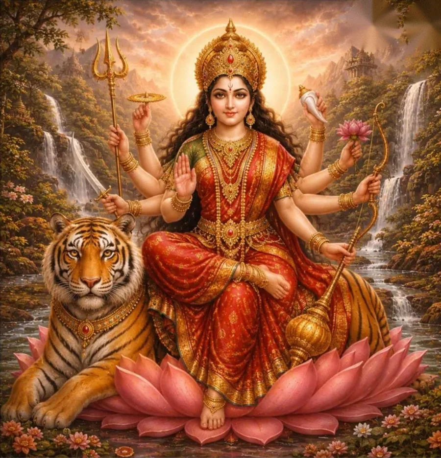 Illustration of the goddess Durga, with eight arms, seated on a lotus flower beside a tiger, in front of waterfalls