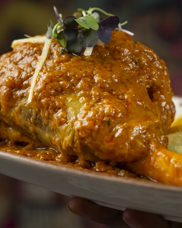 Lamb shank covered in sauce, with sprouts on top
